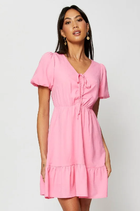 Women's flare dress 60s style -Pink Fit And Flare Dress Short Sleeve V Neck