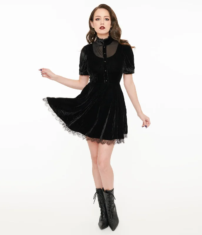 Women's flare dress 60s style -Black Velvet Victoria Goth Fit & Flare Dress