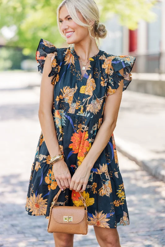 Women's floral dress oversized -At This Time Black Floral Dress