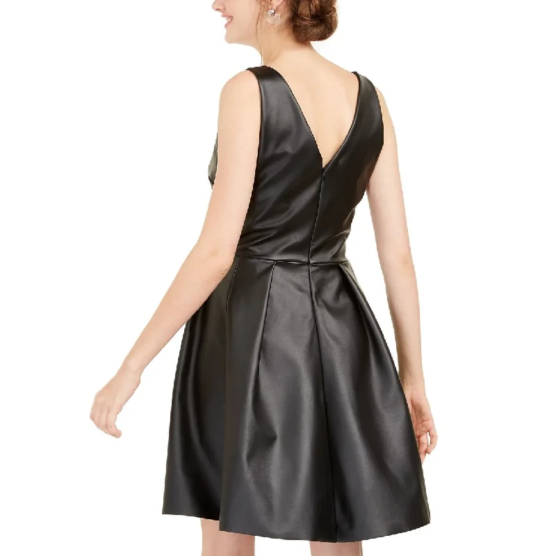 Women's flare dress concert -Rosie Harlow Juniors' Faux-Leather Fit & Flare Dress Black Size Medium