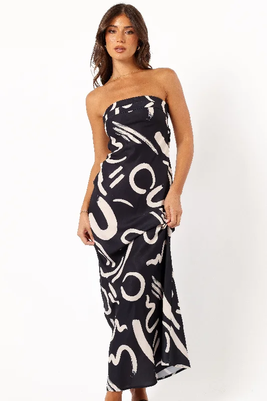 ladies-maxi-dress-high-neck-chic-Remmie Strapless Maxi Dress - Black/White