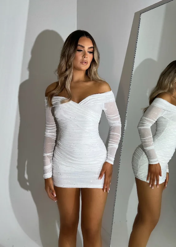 ladies-mini-dress-edgy-mini-Kylie Sparkle Mesh Mini Dress - White Sparkle