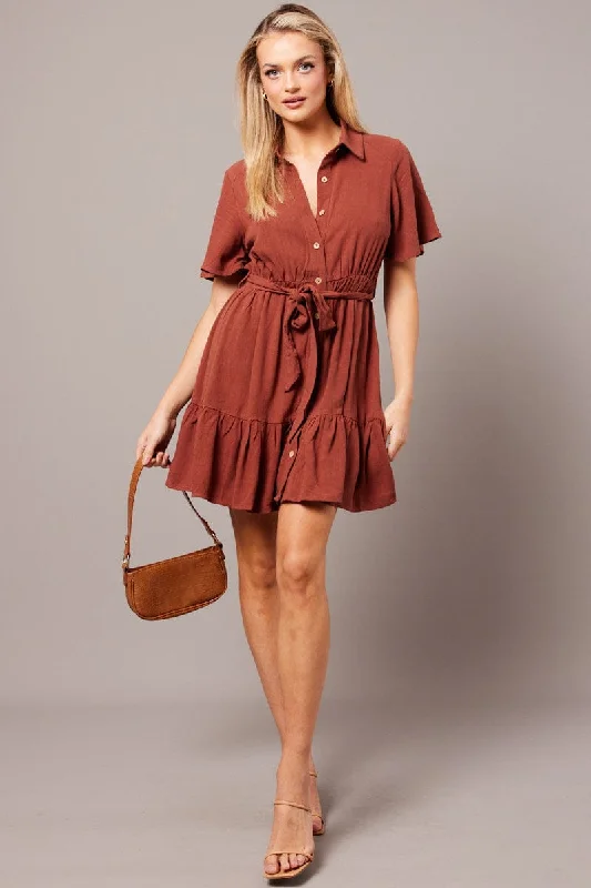 Women's flare dress abstract -Brown Fit And Flare Dress Wing Sleeve