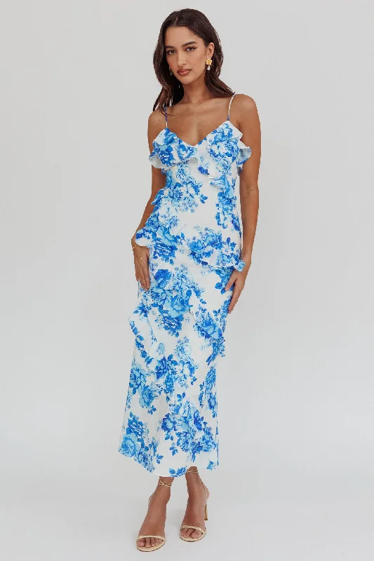 ladies-maxi-dress-cap-sleeve-chic-Silvana Frill Trim Maxi Dress Floral Blue