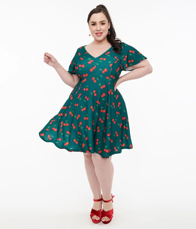 Women's flare dress trendy -Unique Vintage Plus Size 1950s Emerald & Cherry Print Poppy Flare Dress