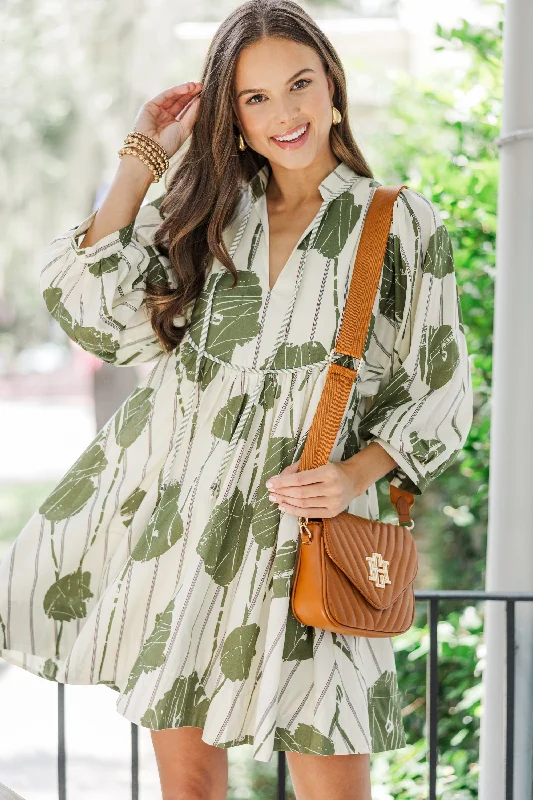 Women's floral dress cold shoulder -Full Of Wonder Olive Green Floral Dress