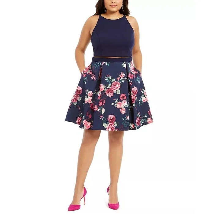 Women's flare dress festive -B Darlin Women's Trendy Plus Size Illusion Floral-Print Fit & Flare Dress Navy Size 20