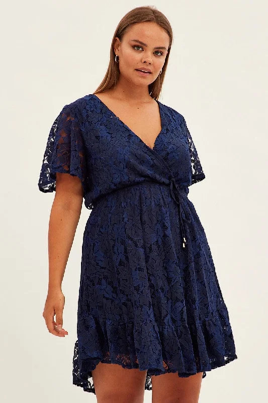 Women's flare dress concert -Blue Fit And Flare Dress Short Sleeve Wrap Lace