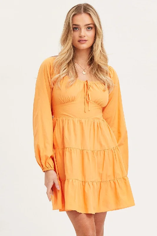 Women's flare dress meeting -Orange Fit And Flare Dress Long Sleeve Square Neck