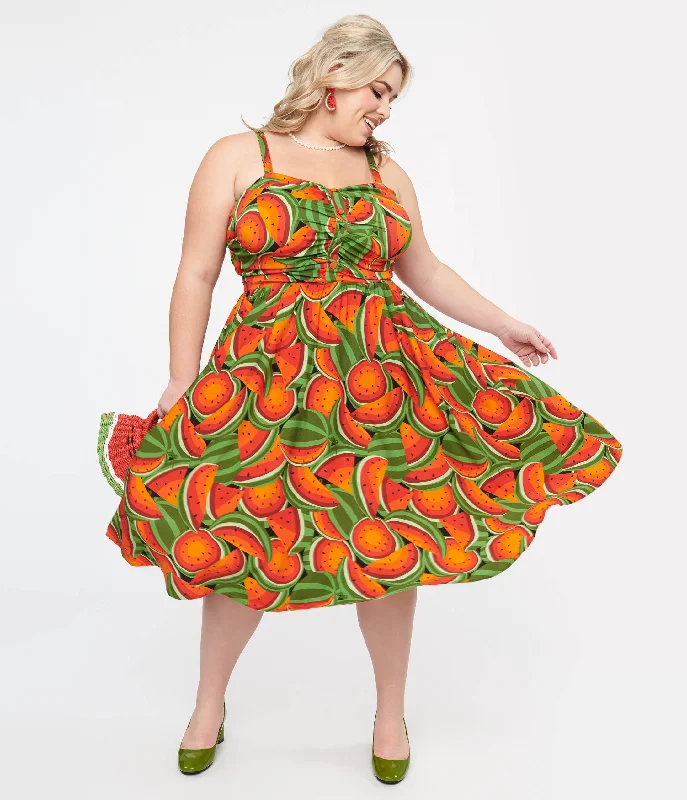 Women's flare dress open back -Plus Size 1950s Red & Green Watermelon Print Eden Fit & Flare Dress