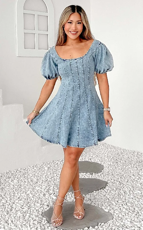 ladies-mini-dress-dark-drama-Kartford Puff Sleeve Denim Mini Dress - Blue