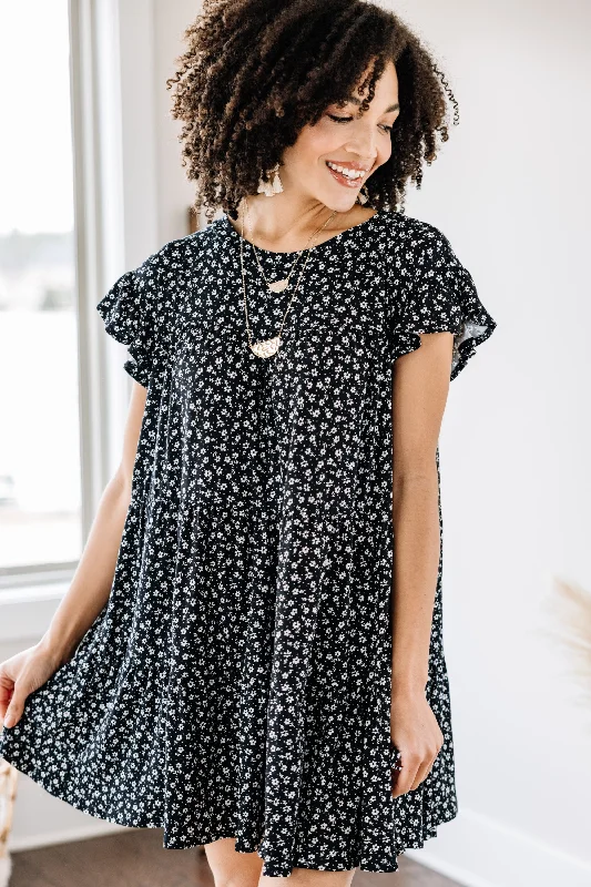 Women's floral dress casual summer -Well Wishes Black Ditsy Floral Dress