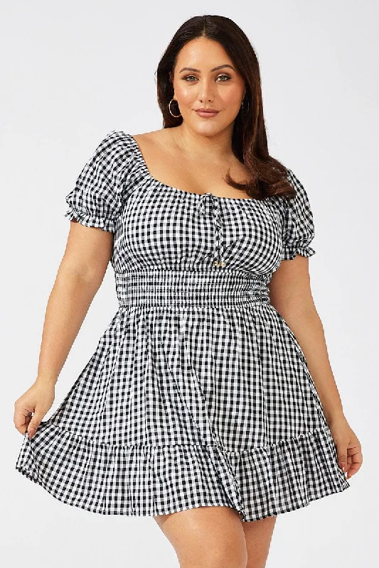 Women's flare dress picnic -Black Check Fit And Flare Dress Short Sleeve Shirred Waist