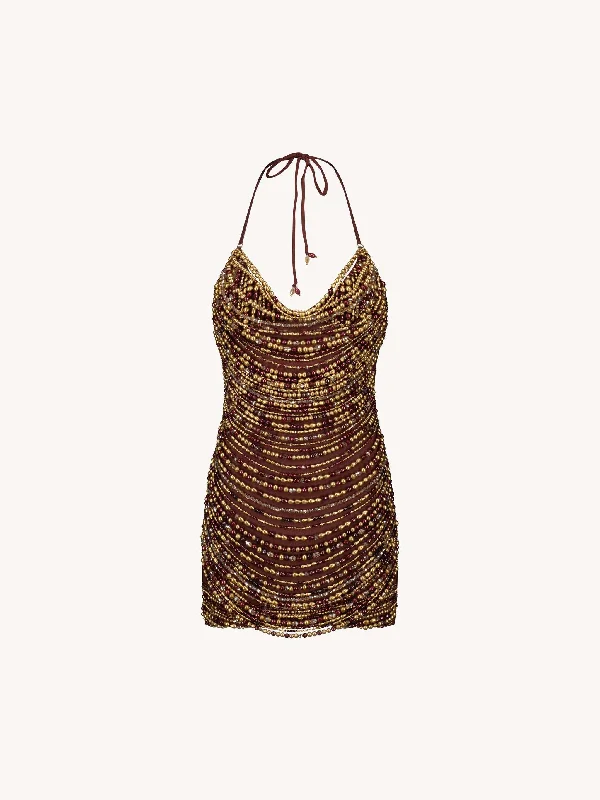 ladies-mini-dress-caramel-cute-Floating pearl mini dress - Brown