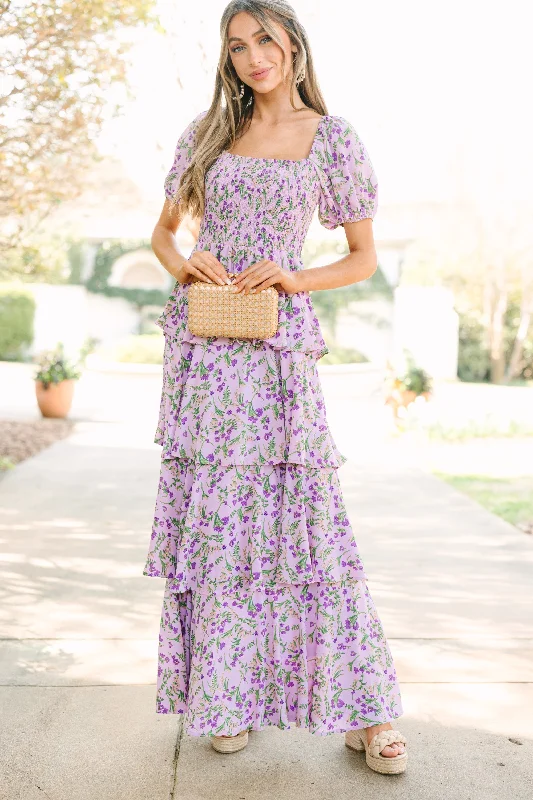 Women's floral dress matte -Let's Go Back Lavender Purple Floral Maxi Dress