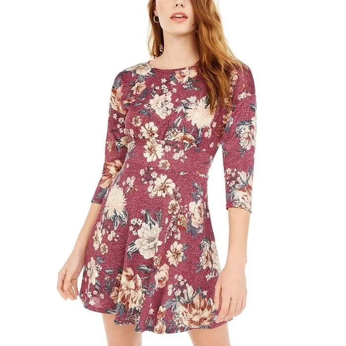 Women's flare dress velvet -Be Bop Juniors' Sparkle Floral-Print Fit & Flare Dress Purple Size XXS - XX-Small