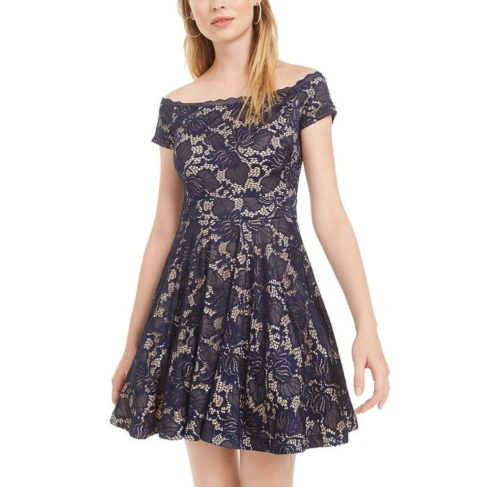 Women's flare dress off shoulder -B. Darlin Womens Lace Overlay Short Fit & Flare Dress Navy Size 1-2