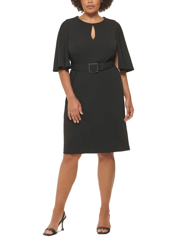 Women's midi dress silk -Plus Womens Belted Midi Sheath Dress