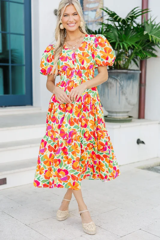 Women's floral dress oversized -Fate: First Hand Coral Orange Floral Midi Dress