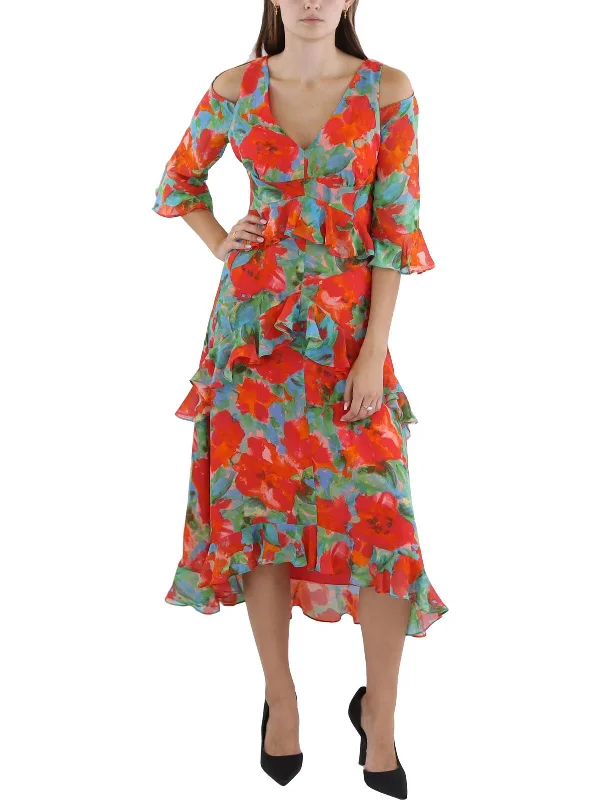 Women's midi dress geometric -Womens Floral Print Chiffon Midi Dress