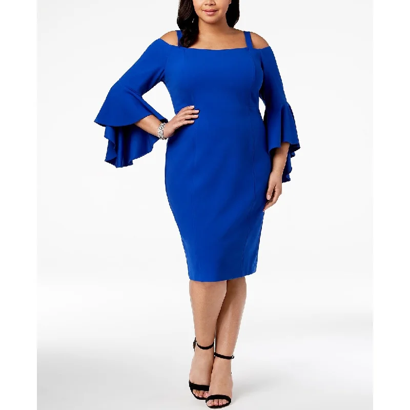 Women's flare dress sustainable -R & M Richards Women's Plus Size Off-The-Shoulder Flared-Sleeve Dress Bright Blue Size 20 W