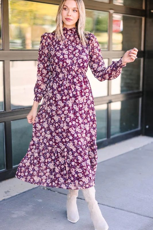 Women's floral dress festive -Ready For Anything Burgundy Red Floral Midi Dress