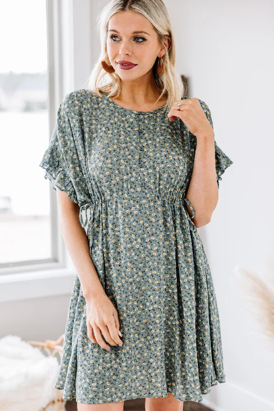 Women's floral dress trendy -Fit For You Dusty Green Ditsy Floral Dress