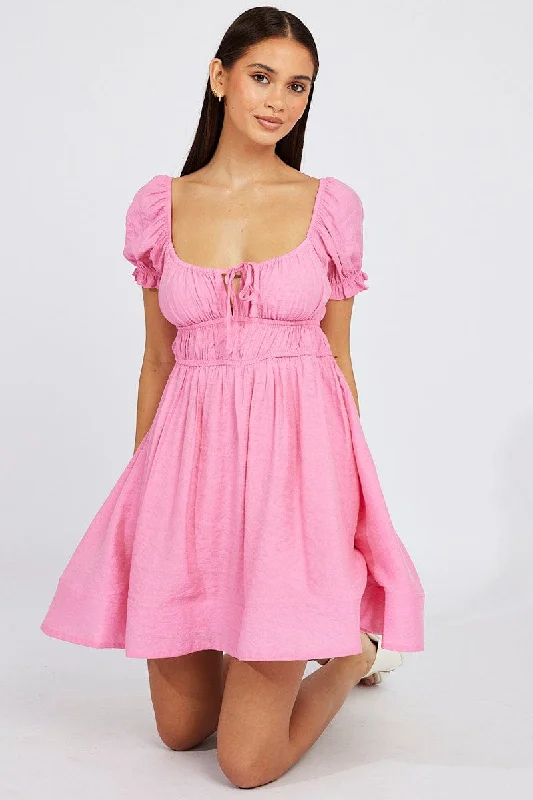 Women's flare dress tie front -Pink Fit and Flare Dress Short Sleeve Ruched