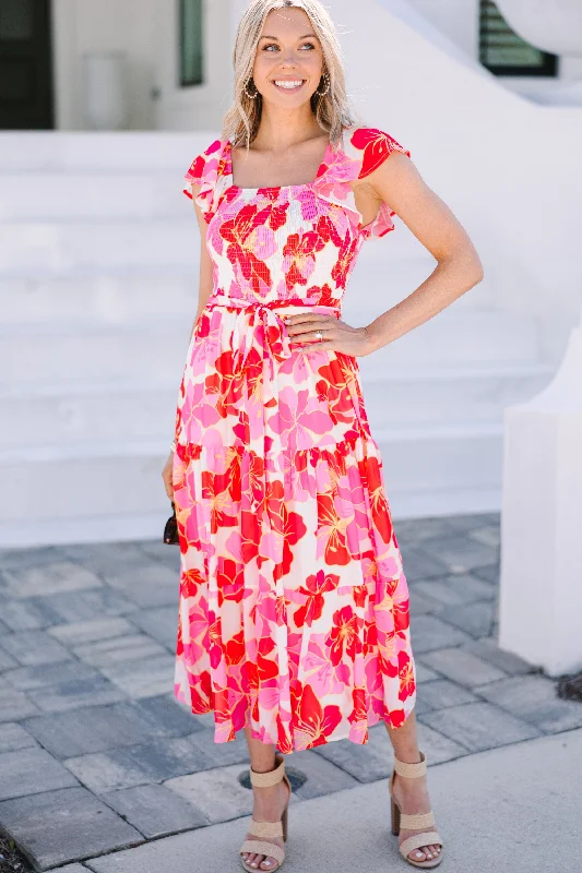 Women's floral dress retro -Living A Dream Pink Floral Midi Dress