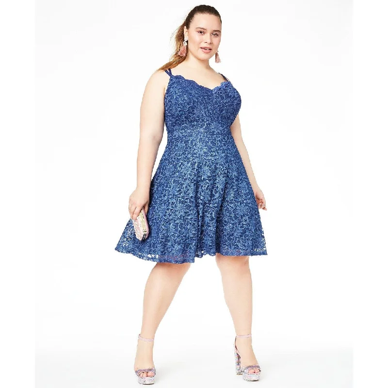 Women's flare dress brunch -Teeze Me Women's Trendy Plus Size Metallic Lace Fit & Flare Dress Blue Size 22