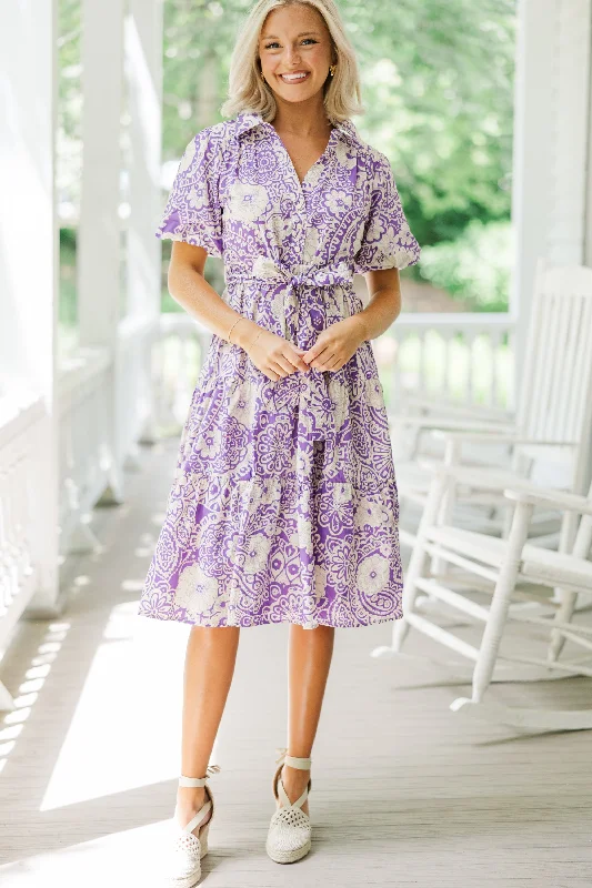 Women's floral dress cowgirl -There You Go Lavender Purple Floral Midi Dress