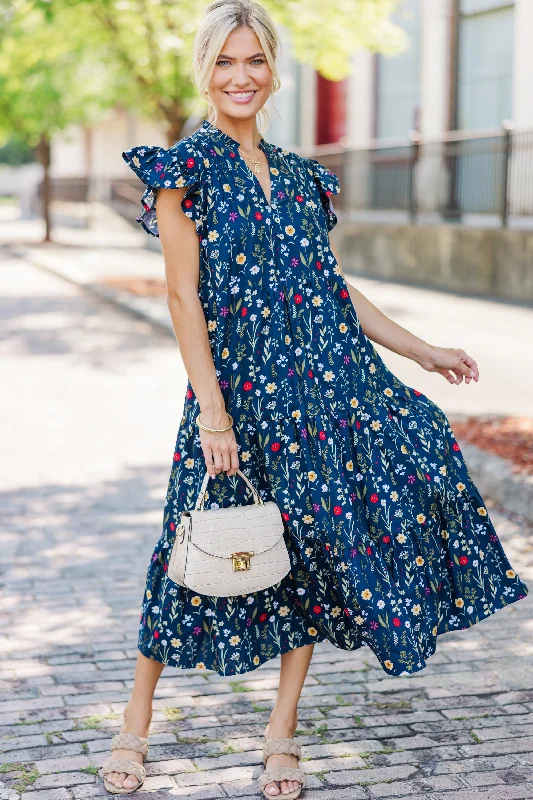 Women's floral dress bright -Just For Today Navy Blue Floral Midi Dress