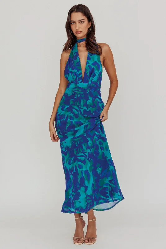 ladies-maxi-dress-halter-sweep-Italia Azure Halterneck Maxi Dress Abstract Blue