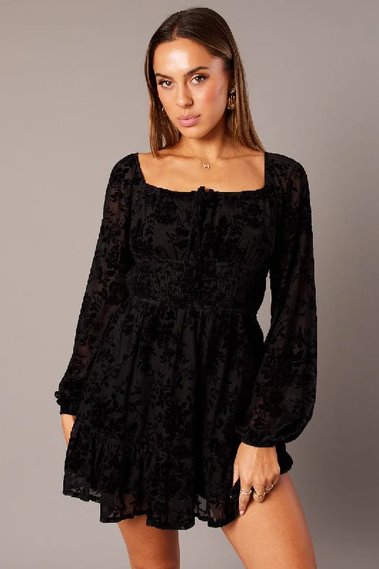 Women's flare dress beaded -Black Fit and Flare Dress Long Sleeve Burn Out