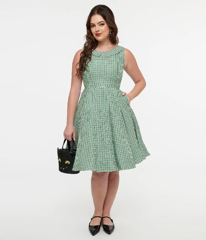 Women's flare dress stretchy -Orchid Bloom 1950s Green & Black Plaid Fit & Flare Dress