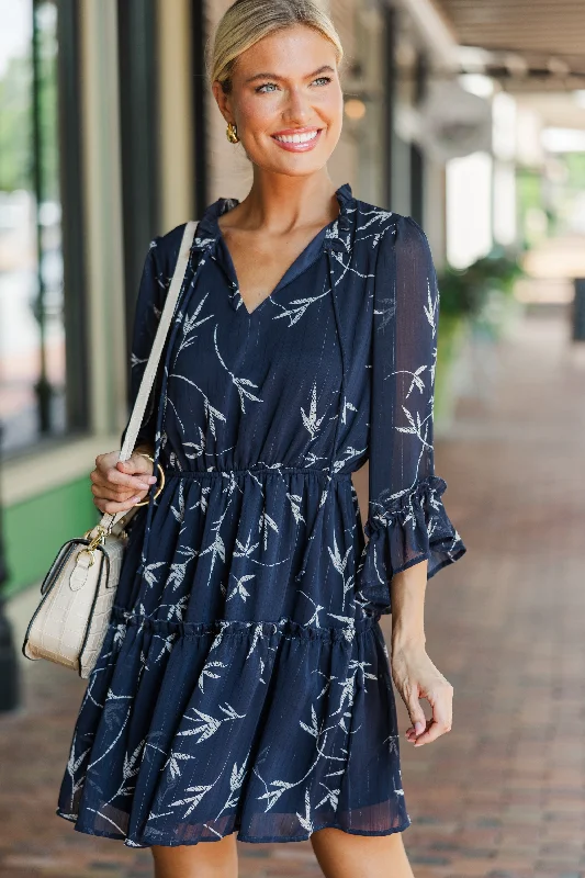 Women's floral dress glitter -Look Into My Eyes Navy Blue Floral Dress