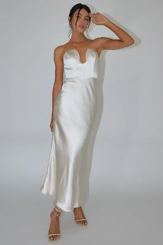 ladies-maxi-dress-puff-sleeve-flow-Encore Strapless Satin Maxi Dress Champagne