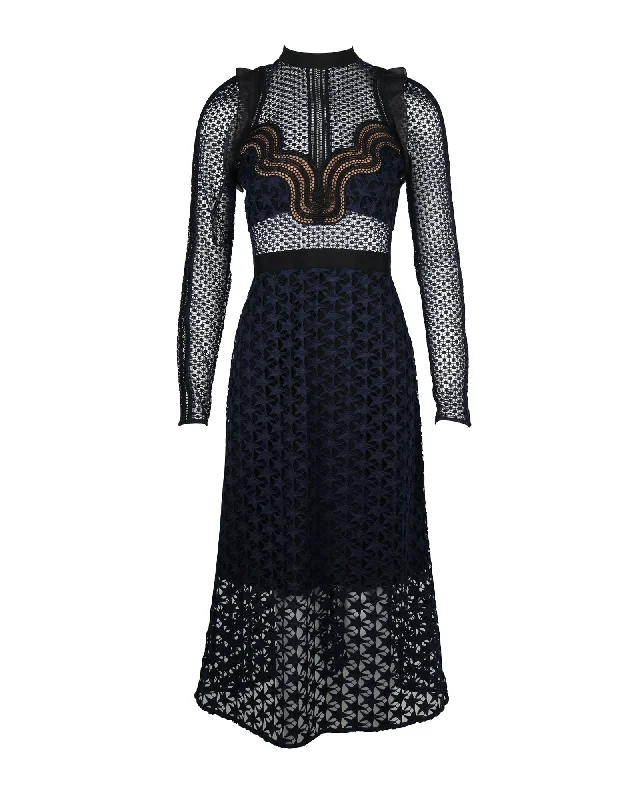 Women's midi dress urban -Self-Portrait Star Lace Long-Sleeve Midi Dress in Navy Blue Polyester