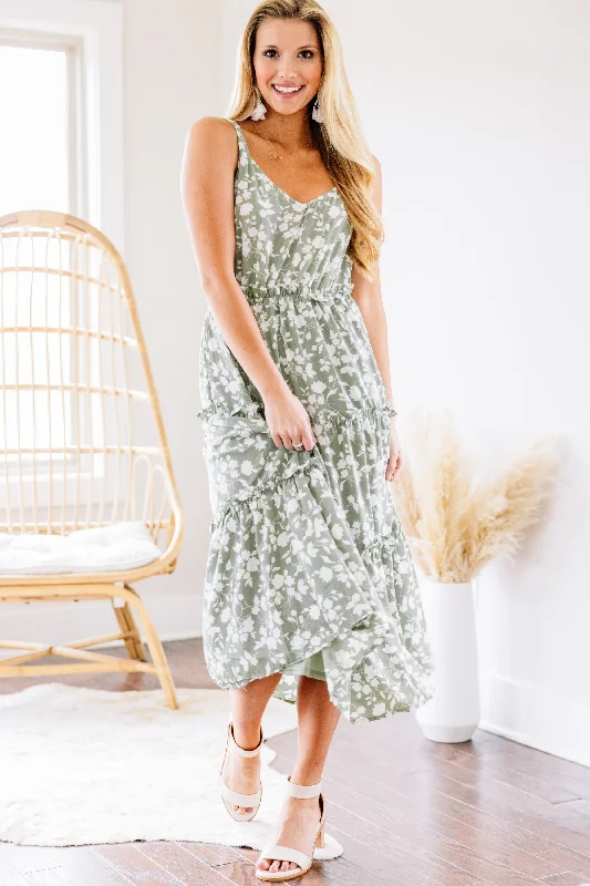 Women's floral dress denim -Listen To Your Heart Sage Green Ditsy Floral Midi Dress