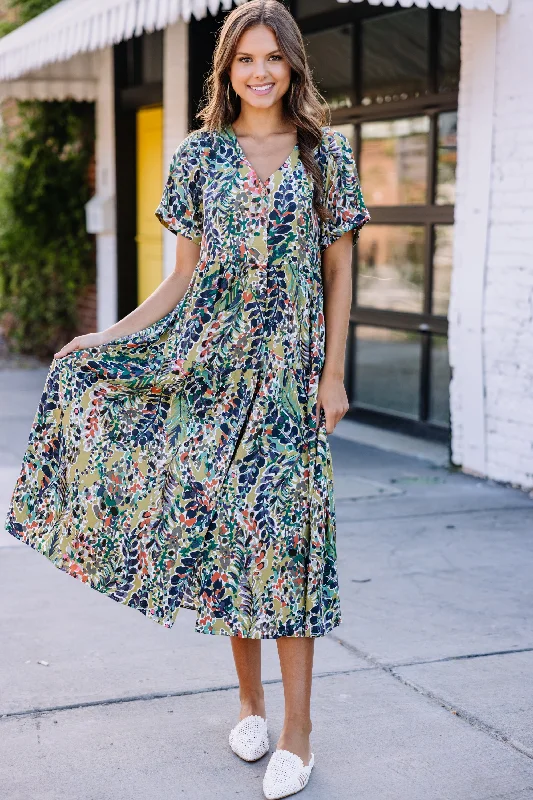 Women's floral dress breezy -Just You Wait Moss Green Floral Midi Dress