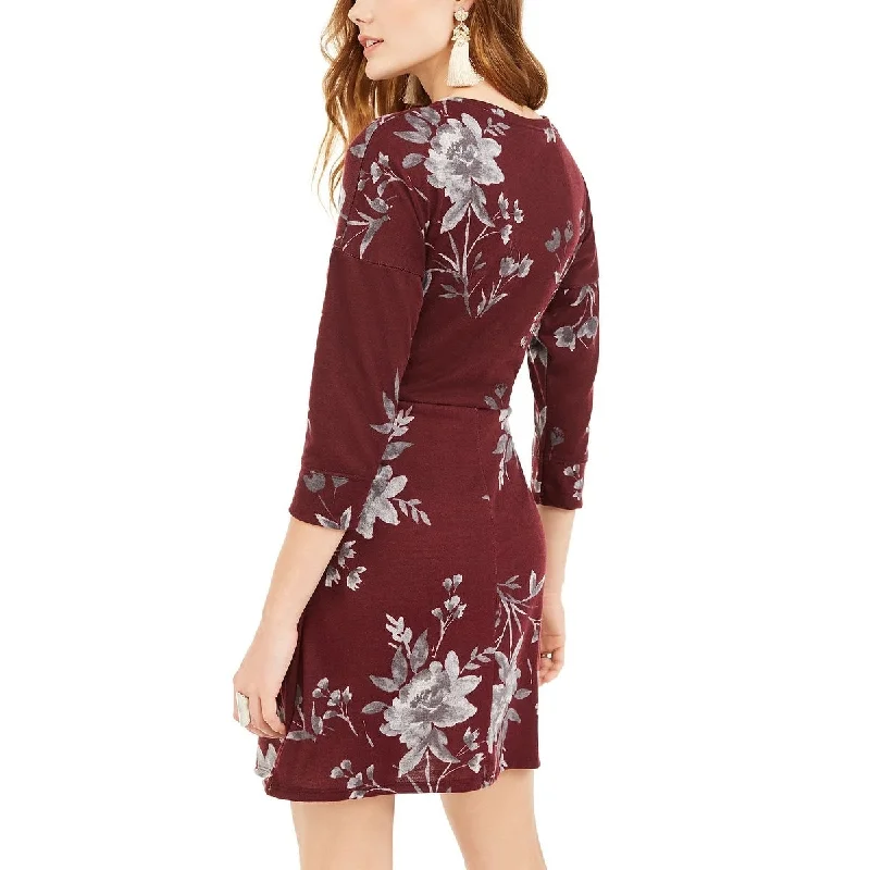 Women's flare dress flowy -Be Bop Women's Twist Front Floral 3/4 Sleeve Jewel Neck Short Fit Flare Dress Purple Size X-Large