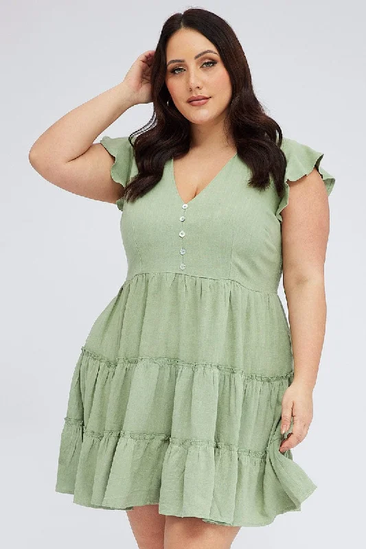 Women's flare dress green -Green Fit And Flare Dress Short Sleeve Tiered