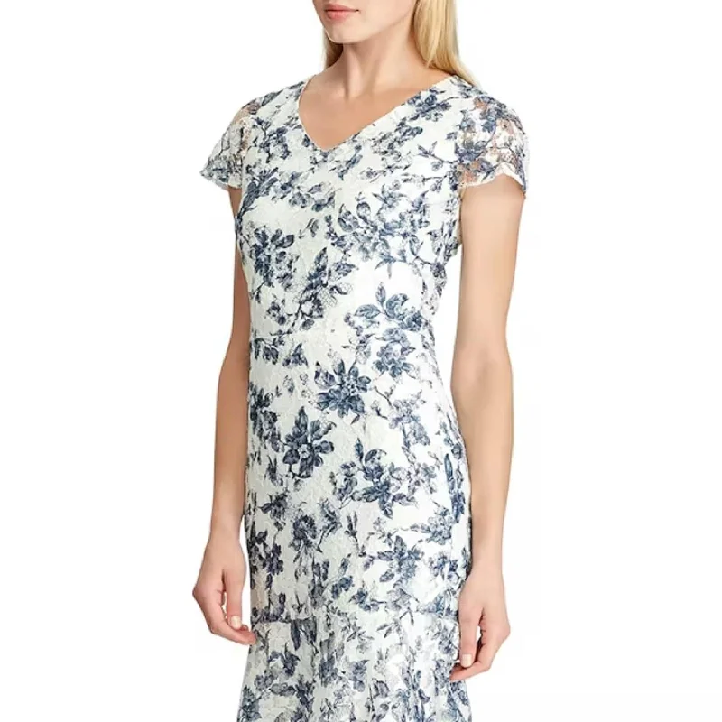 Women's flare dress maxi -Ralph Lauren Women's Lace Floral Short Sleeve V Neck Tea Length Formal Fit Flare Dress Blue Size 8