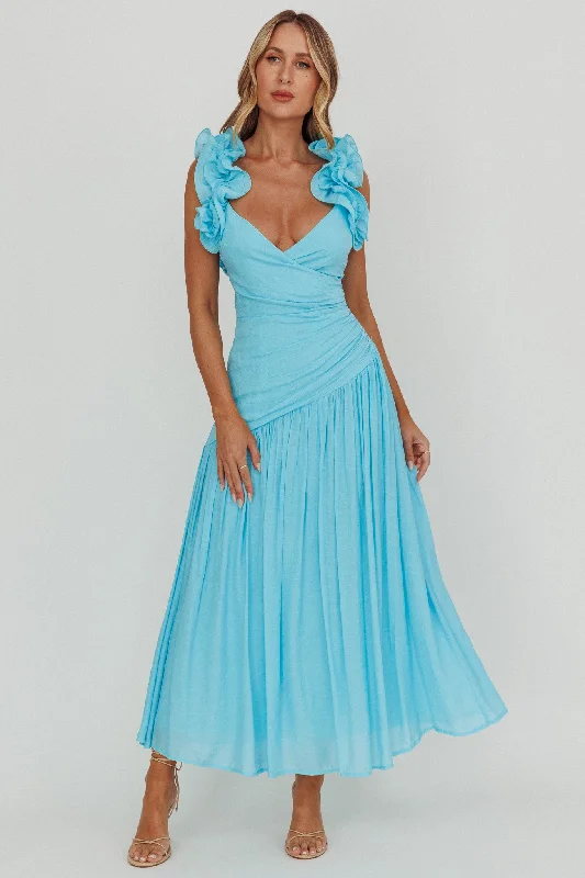 ladies-maxi-dress-lightweight-flow-Kinley Ruffle Strap Maxi Dress Blue