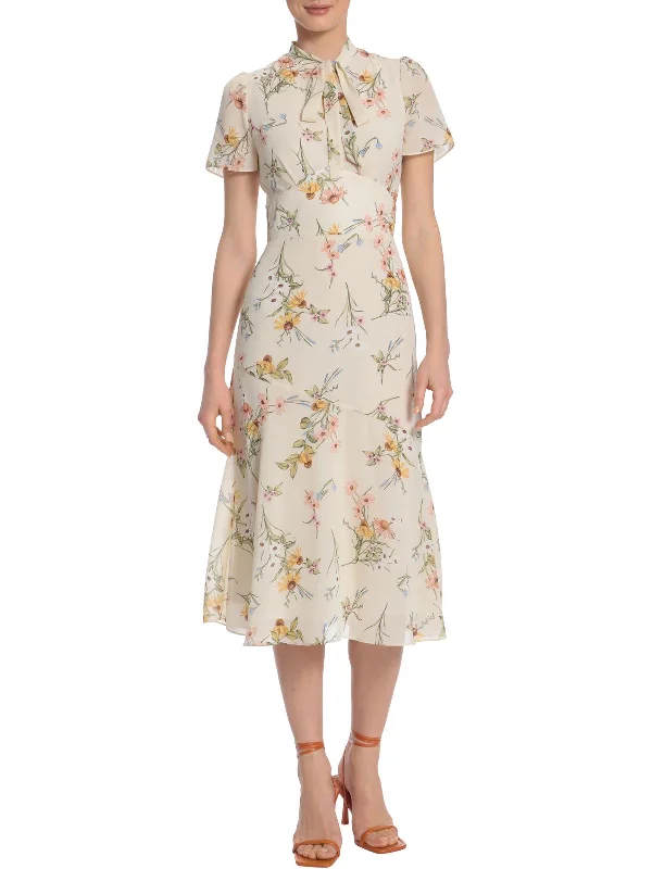 Women's midi dress bold print -Womens Floral Tie Neck Midi Dress