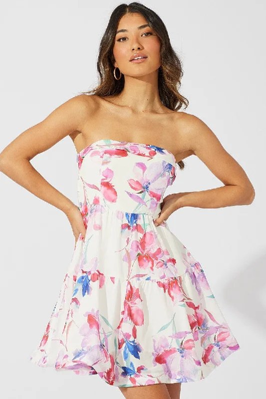 Women's flare dress understated -White Floral Fit and Flare Dress Boob Tube