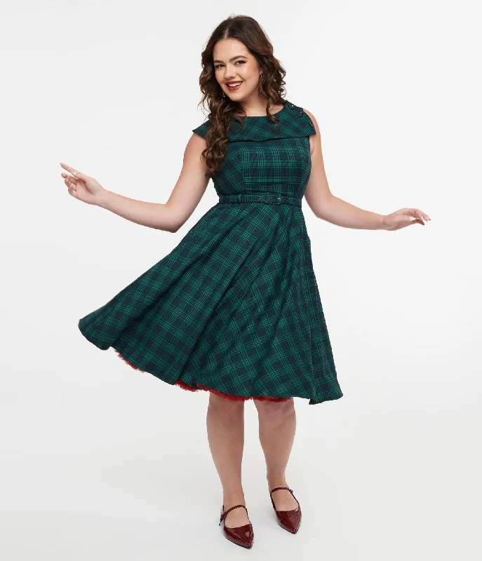 Women's flare dress smooth -Voodoo Vixen 1950s Green Check Fit & Flare Dress