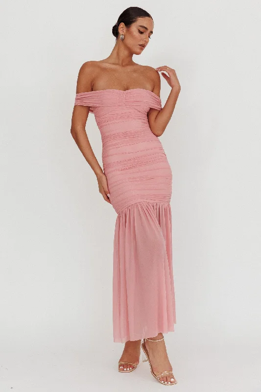 ladies-maxi-dress-striped-sway-La Salle Off Shoulder Mesh Maxi Dress Pink