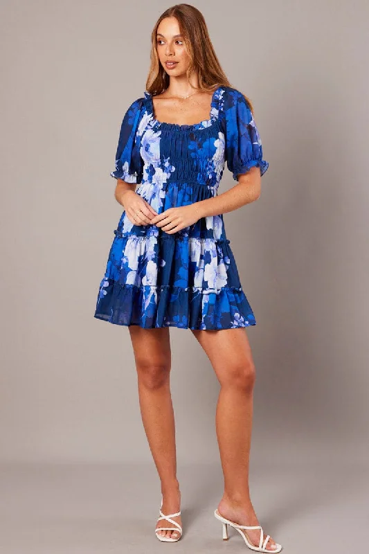 Women's flare dress sexy -Blue Floral Fit And Flare Dress Puff Sleeve