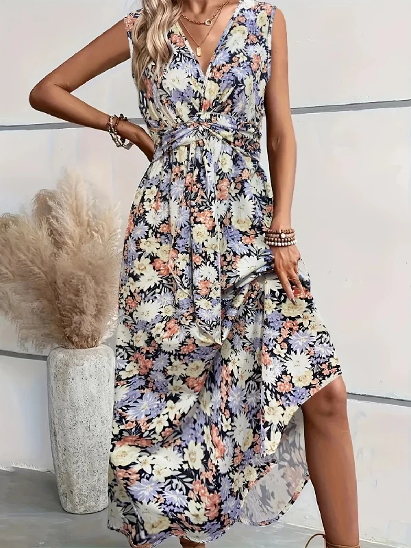 Women's floral dress tropical -Floral Sleeveless Midi Dress